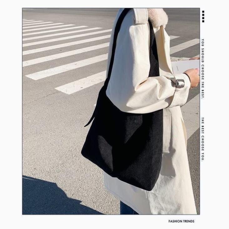 Túi đeo chéo, Túi tote vải nhung tăm sọc gân nam nữ unisex đi học đi chơi đựng sách A4, laptop 14inch TX101