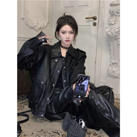 Áo Khoác Da pu Tay Dài Thời Trang Xuân Thu 2023 Dành Cho Nữ
