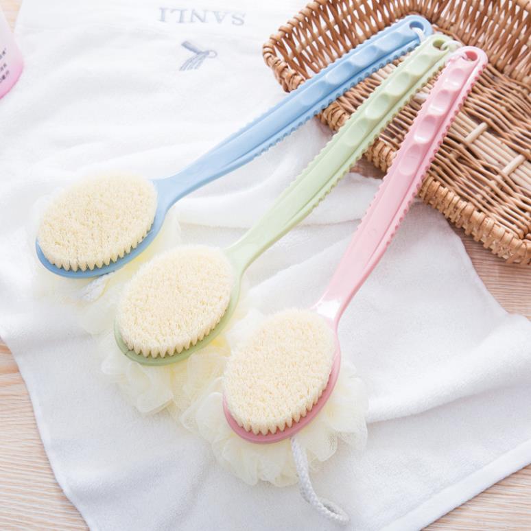 Bàn Chải Chà Lưng, Bông Tắm Chà Lưng 2 Đầu Bông Vải Lưới Và Lông Bàn Chải Tiện Lợi Có Tay Cầm Dài Tiện Lợi