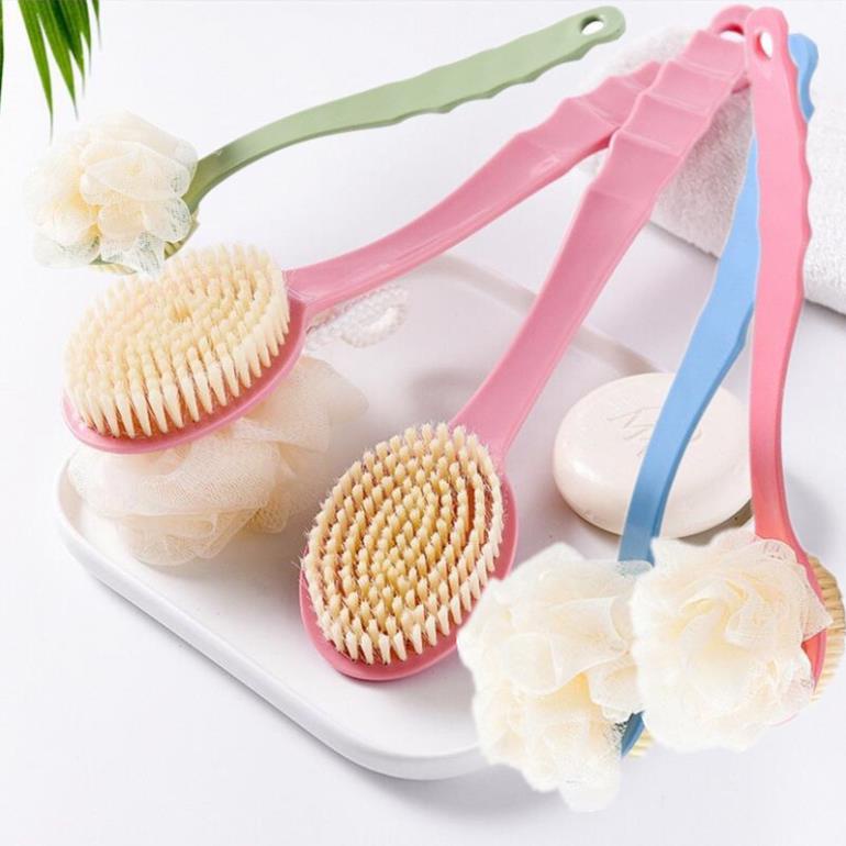 Bàn Chải Chà Lưng, Bông Tắm Chà Lưng 2 Đầu Bông Vải Lưới Và Lông Bàn Chải Tiện Lợi Có Tay Cầm Dài Tiện Lợi