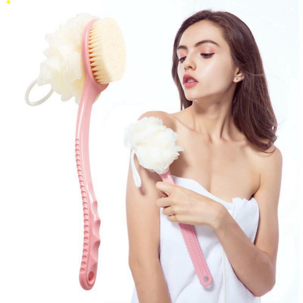 Bàn Chải Chà Lưng, Bông Tắm Chà Lưng 2 Đầu Bông Vải Lưới Và Lông Bàn Chải Tiện Lợi Có Tay Cầm Dài Tiện Lợi