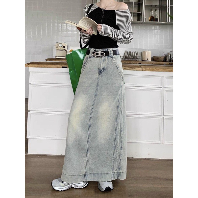 Chân Váy denim Dài Dáng Chữ a Lưng Cao Xẻ Tà Thời Trang Mùa Thu Phong Cách Mỹ Cổ Điển Mới Cho Nữ