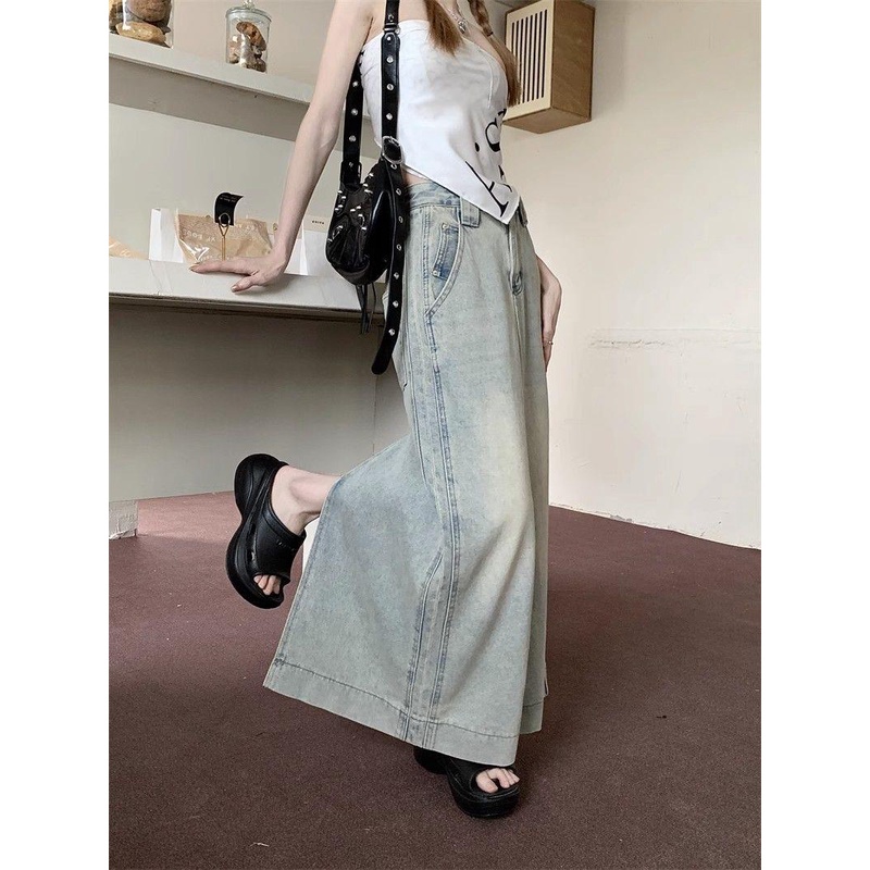 Chân Váy denim Dài Dáng Chữ a Lưng Cao Xẻ Tà Thời Trang Mùa Thu Phong Cách Mỹ Cổ Điển Mới Cho Nữ