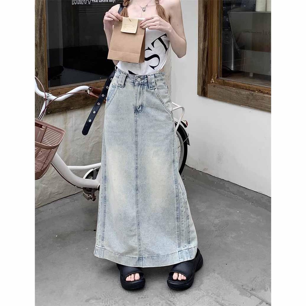 Chân Váy denim Dài Dáng Chữ a Lưng Cao Xẻ Tà Thời Trang Mùa Thu Phong Cách Mỹ Cổ Điển Mới Cho Nữ