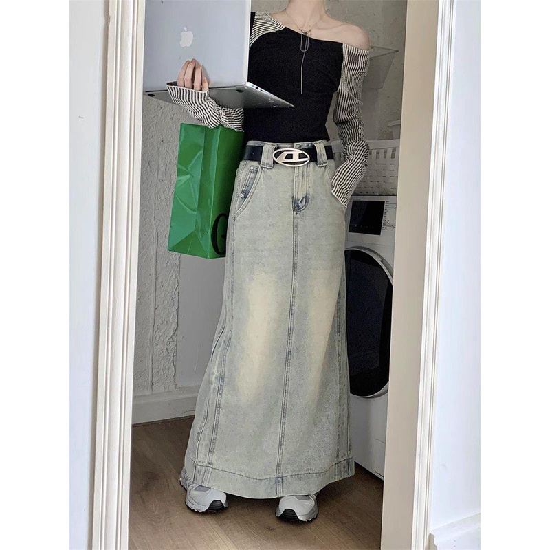 Chân Váy denim Dài Dáng Chữ a Lưng Cao Xẻ Tà Thời Trang Mùa Thu Phong Cách Mỹ Cổ Điển Mới Cho Nữ