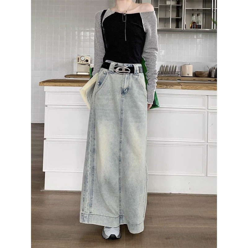 Chân Váy denim Dài Dáng Chữ a Lưng Cao Xẻ Tà Thời Trang Mùa Thu Phong Cách Mỹ Cổ Điển Mới Cho Nữ