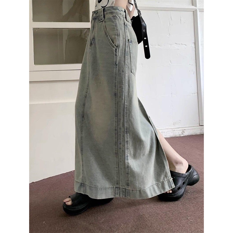 Chân Váy denim Dài Dáng Chữ a Lưng Cao Xẻ Tà Thời Trang Mùa Thu Phong Cách Mỹ Cổ Điển Mới Cho Nữ