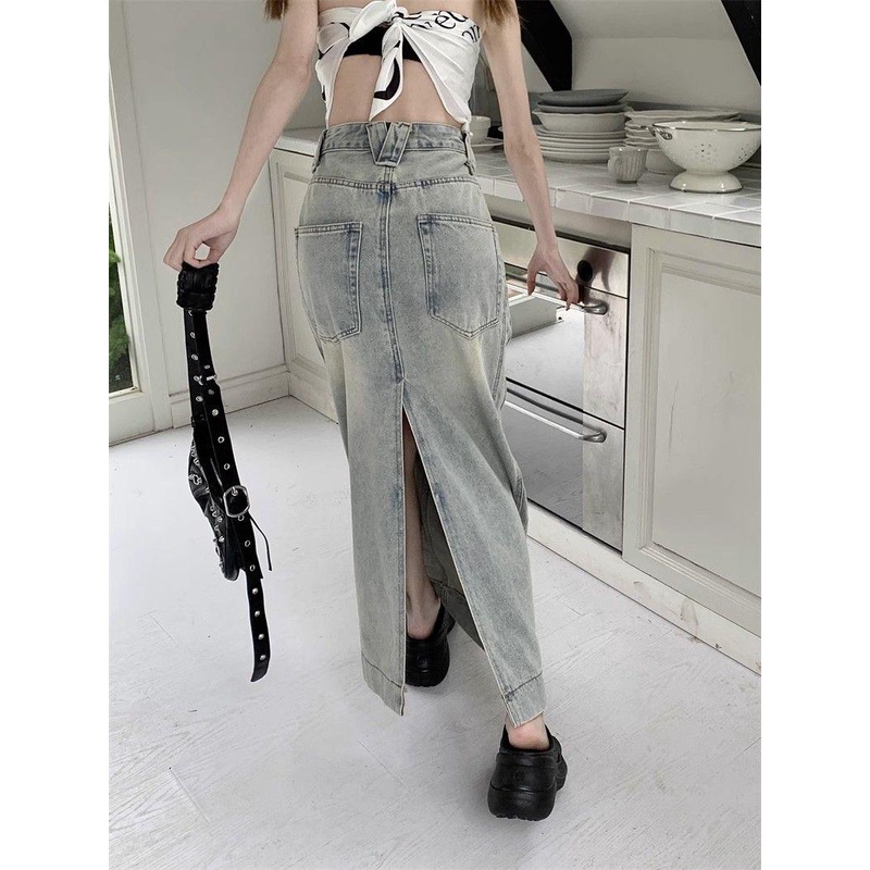 Chân Váy denim Dài Dáng Chữ a Lưng Cao Xẻ Tà Thời Trang Mùa Thu Phong Cách Mỹ Cổ Điển Mới Cho Nữ
