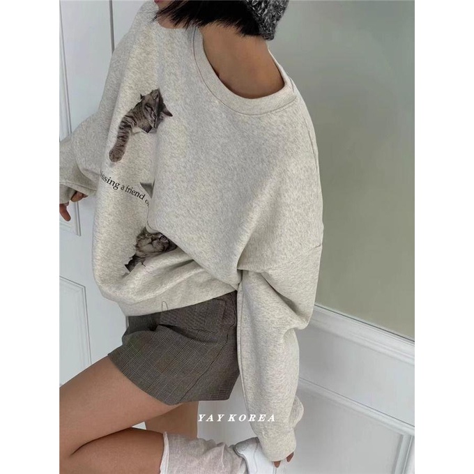 Áo Thun cotton Cổ Tròn In Hình Mèo Thời Trang Thu Đông Dành Cho Nữ
