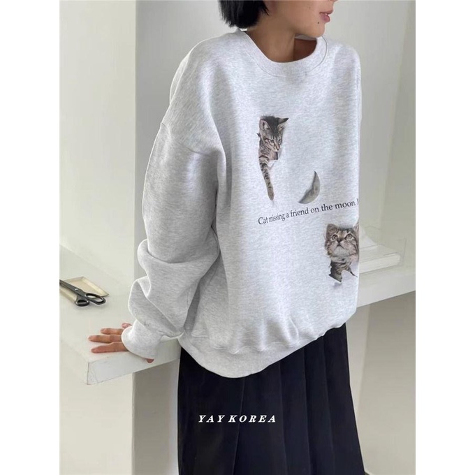 Áo Thun cotton Cổ Tròn In Hình Mèo Thời Trang Thu Đông Dành Cho Nữ