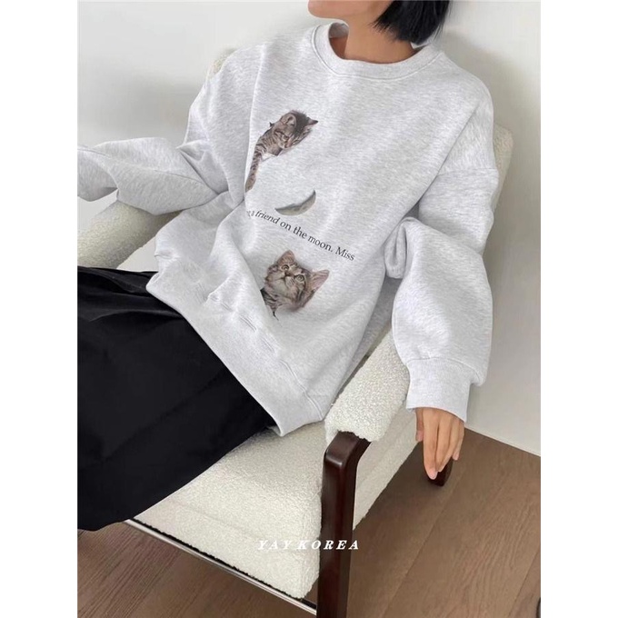 Áo Thun cotton Cổ Tròn In Hình Mèo Thời Trang Thu Đông Dành Cho Nữ