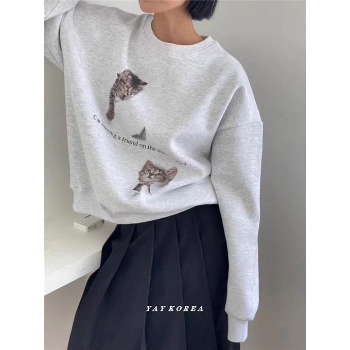 Áo Thun cotton Cổ Tròn In Hình Mèo Thời Trang Thu Đông Dành Cho Nữ