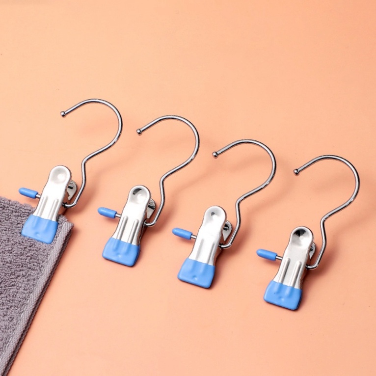 Kẹp Inox phơi khăn, tất🍀FREESHIP🍀Móc kèm kẹp treo quần áo đa năng bằng thép không rỉ, tiết kiệm diện tích