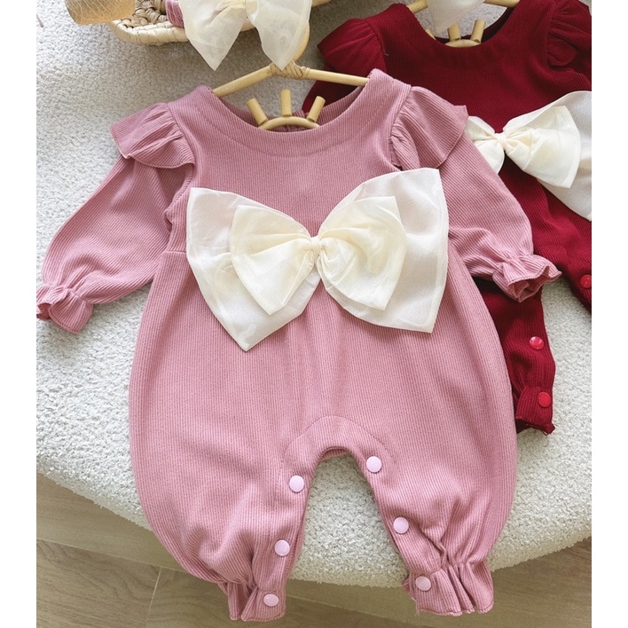 Body nhung tăm kèm turban nơ cực xinh cho bé gái, chất nhung dầy mịn ấm áp