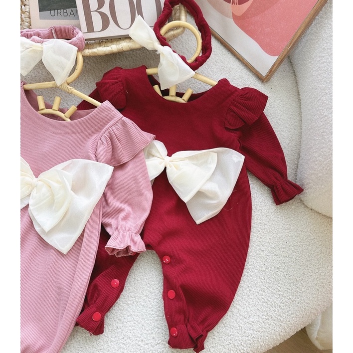 Body nhung tăm kèm turban nơ cực xinh cho bé gái, chất nhung dầy mịn ấm áp