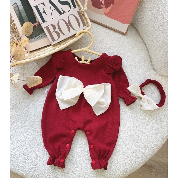 Body nhung tăm kèm turban nơ cực xinh cho bé gái, chất nhung dầy mịn ấm áp