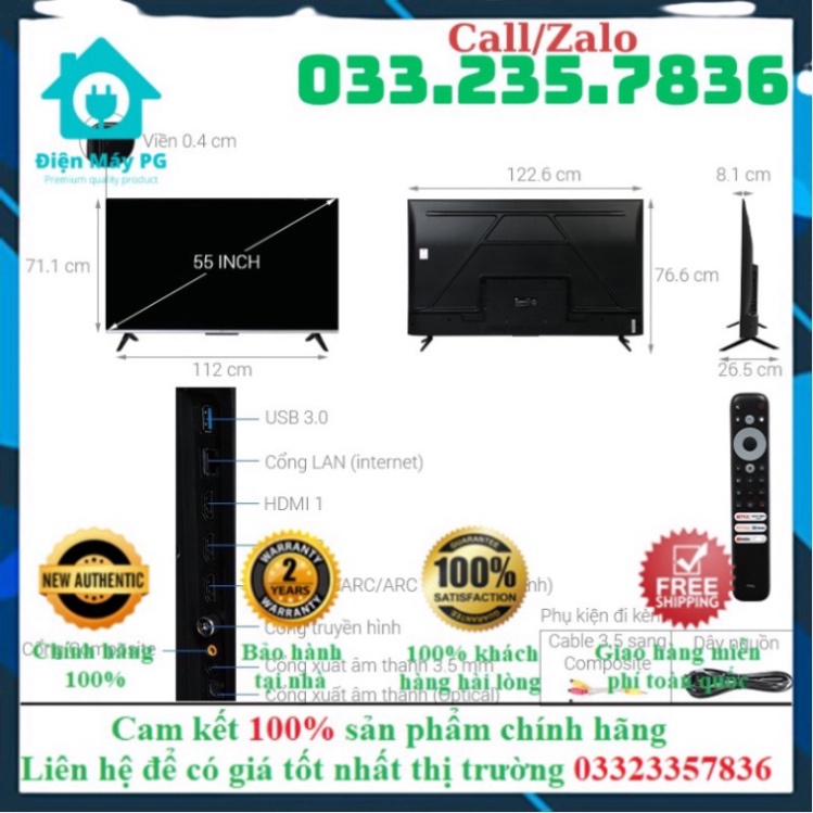 cam kết chính hãng cam kết chính hãng Google Tivi TCL 4K 55 inch 55P737 Hệ điều hành GoogleTV,Remote thông minh - BẢO