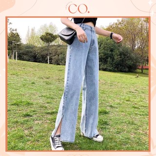 Quần Jean ống rộng cạp cao, quần jean dài xẻ gấu phong cách_j6