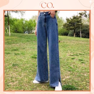 Quần Jeans Cạp Cao Ống Rộng Xẻ Gấu_j6