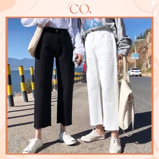 Quần Jeans nữ cạp cao tua gấu. quần jean KABICO dáng lửng ống rộng_K01