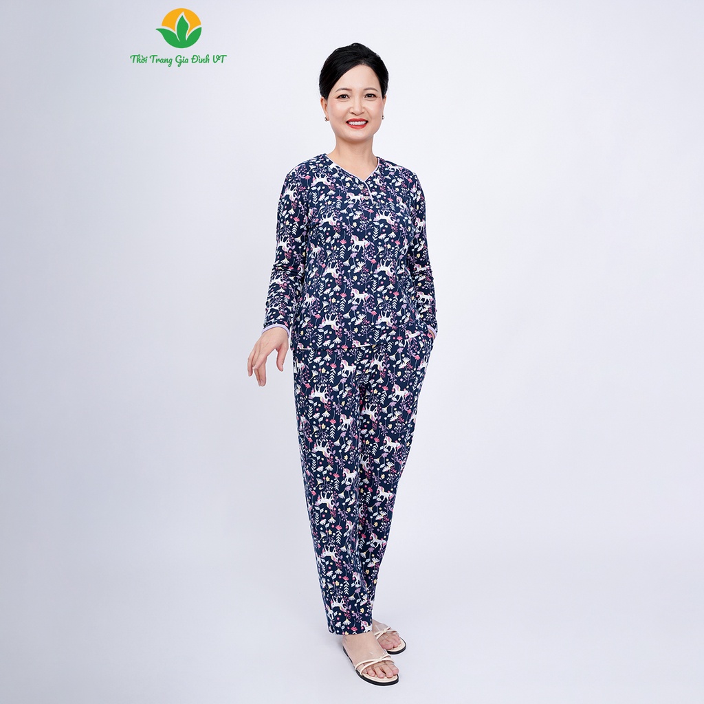 Đồ bộ mặc nhà trung niên chất Cotton thu đông thời trang Việt Thắng  dệt kim, quần dài, áo dài tay hoa lé cổ - B50.2325