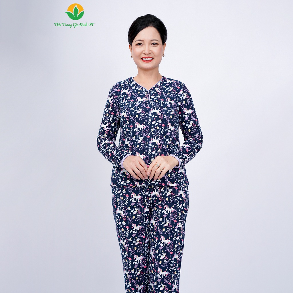 Đồ bộ mặc nhà trung niên chất Cotton thu đông thời trang Việt Thắng  dệt kim, quần dài, áo dài tay hoa lé cổ - B50.2325