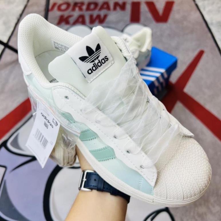 Giày Adidas superstar, giày thể thao adidas mũi sò, cổ thấp, đế bệt, 3 bản màu xanh hồng và kem, bản best full boxx