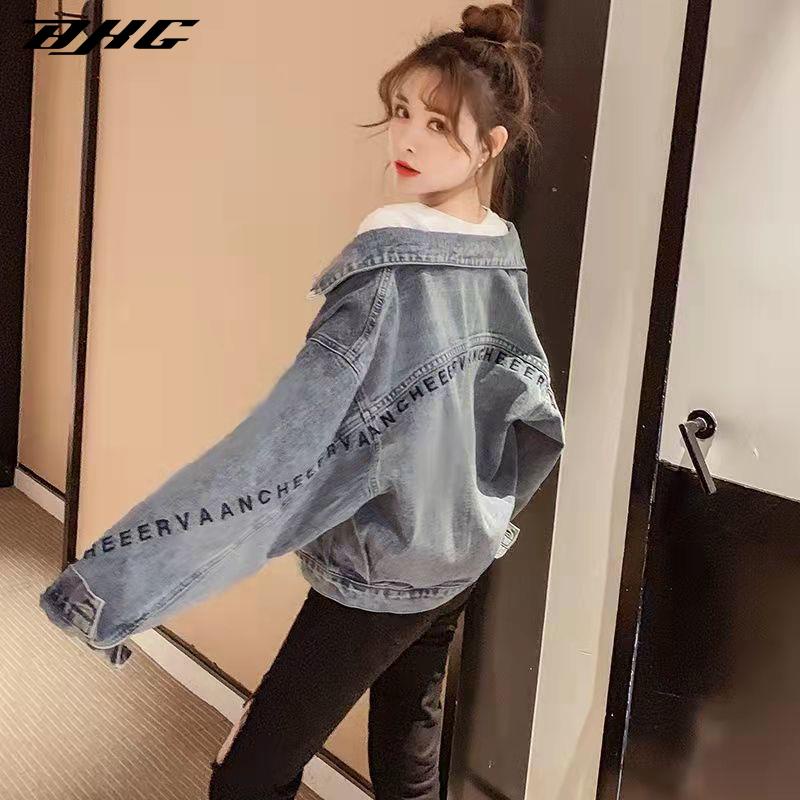 Áo Khoác denim Tay Dài Cổ Đứng Dáng Rộng Phong Cách retro Mỹ Thời Trang Mùa Thu Dành Cho Nữ