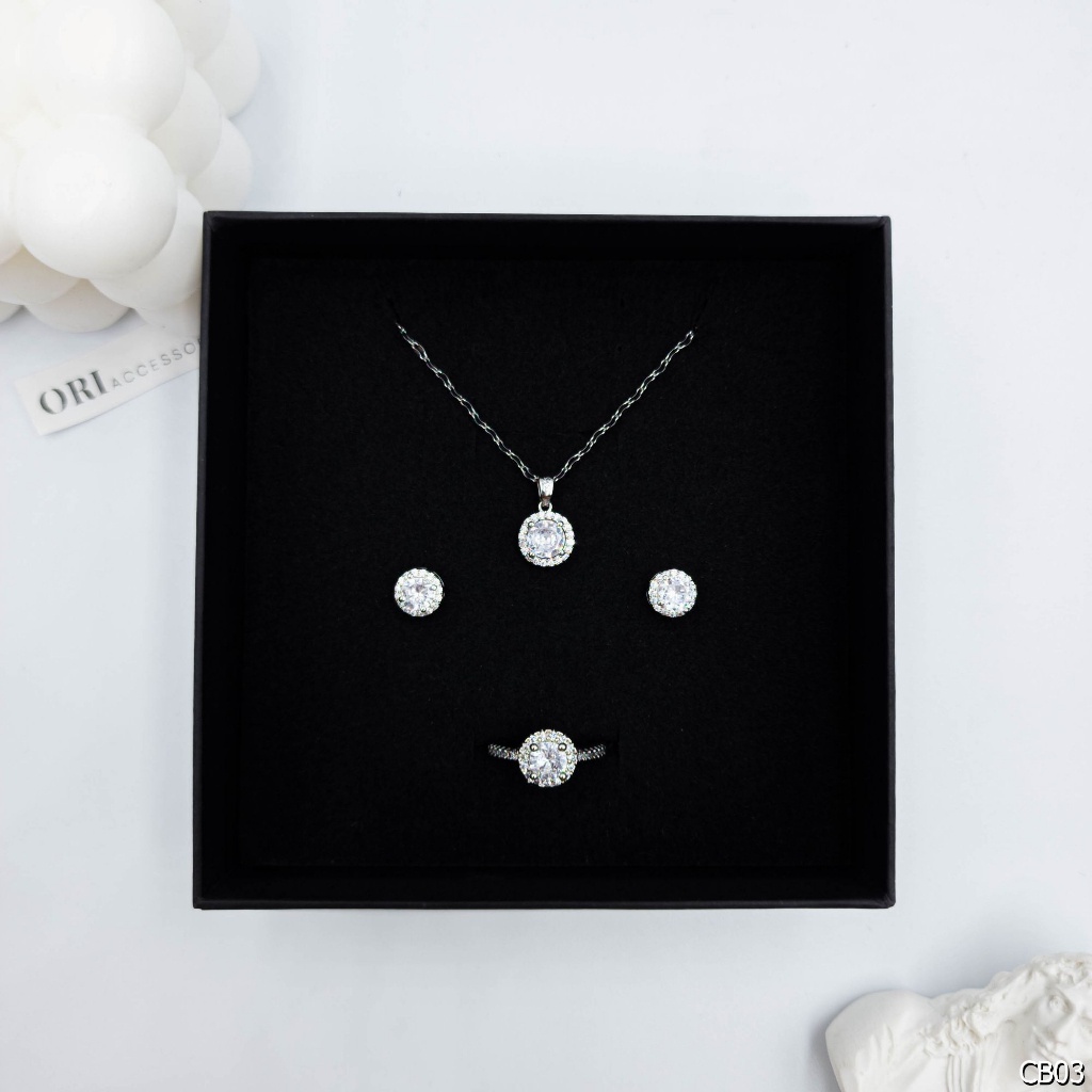 Bộ trang sức nhẫn bông tai vòng cổ khảm đá Moissanite thời trang tinh tế ORI ACCESSORIES CB91