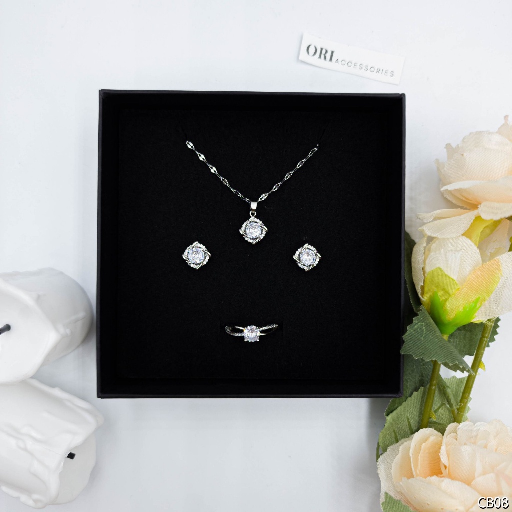 Bộ trang sức nhẫn bông tai vòng cổ khảm đá Moissanite thời trang tinh tế ORI ACCESSORIES CB91
