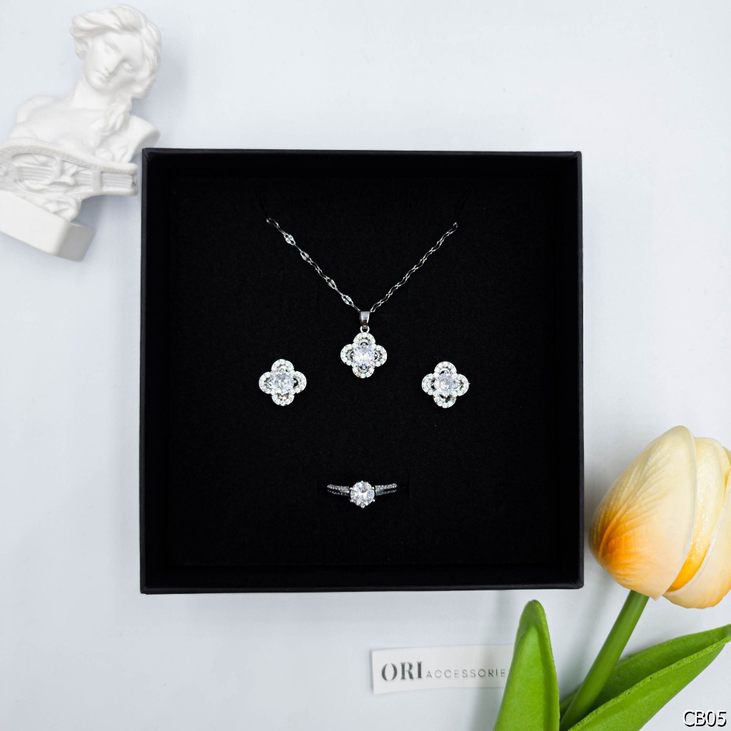 Bộ trang sức nhẫn bông tai vòng cổ khảm đá Moissanite thời trang tinh tế ORI ACCESSORIES CB91