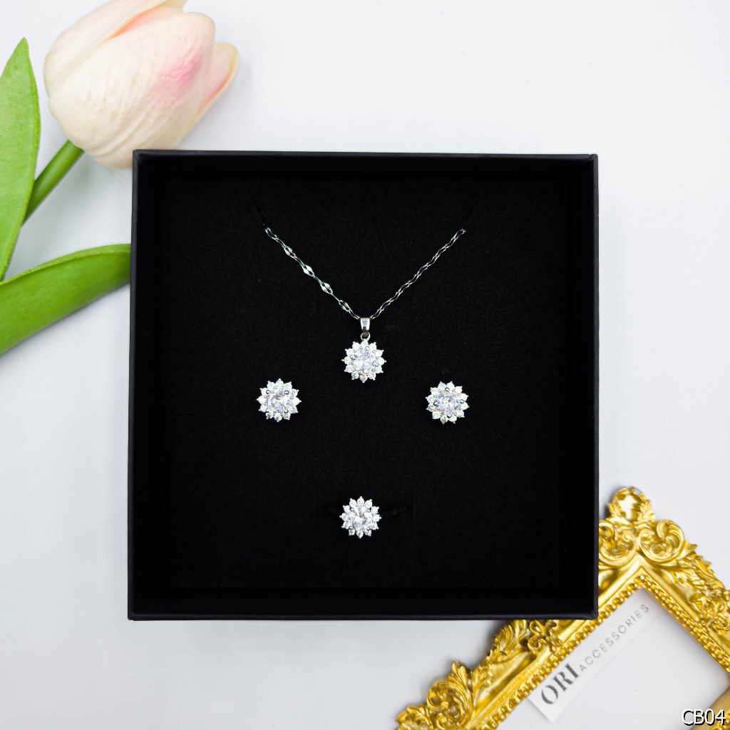 Bộ trang sức nhẫn bông tai vòng cổ khảm đá Moissanite thời trang tinh tế ORI ACCESSORIES CB91