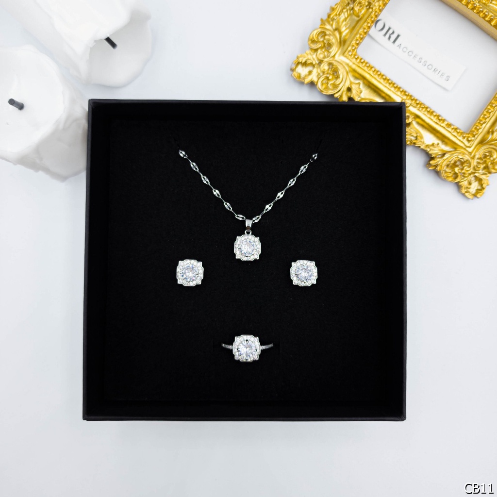 Bộ trang sức nhẫn bông tai vòng cổ khảm đá Moissanite thời trang tinh tế ORI ACCESSORIES CB91