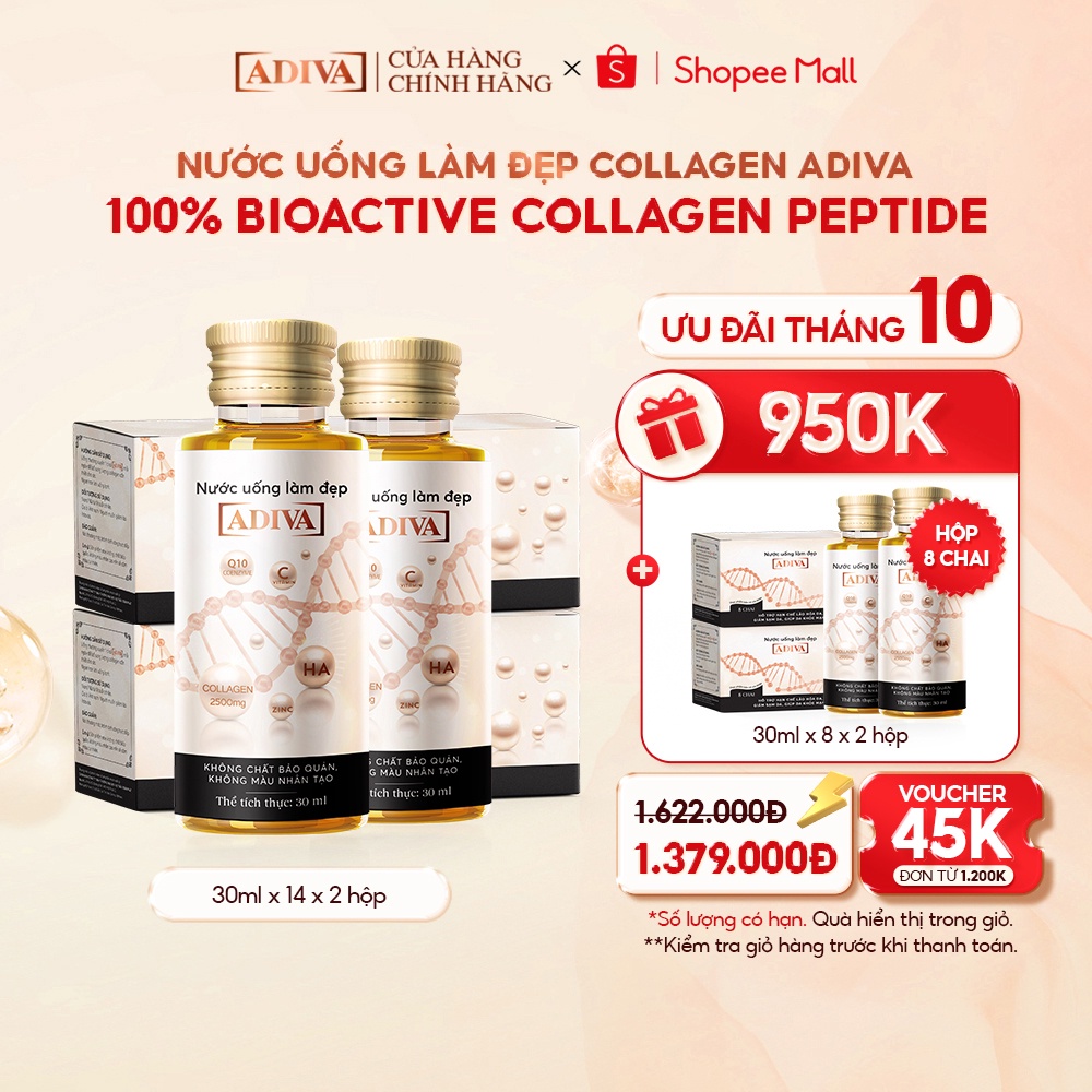 Combo 2 Hộp Nước Uống Làm Đẹp Collagen ADIVA (14 Chai/Hộp)- Giúp Làn Da Săn Chắc, Ảm Mịn Và Căng Bóng