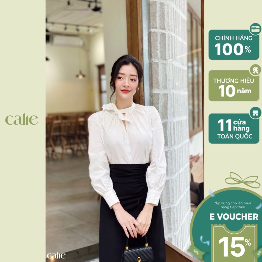 Áo sơ mi nữ dài tay thiết kế CALIE cổ buộc nơ cách điệu nữ tính chất liệu tơ Hàn AC184