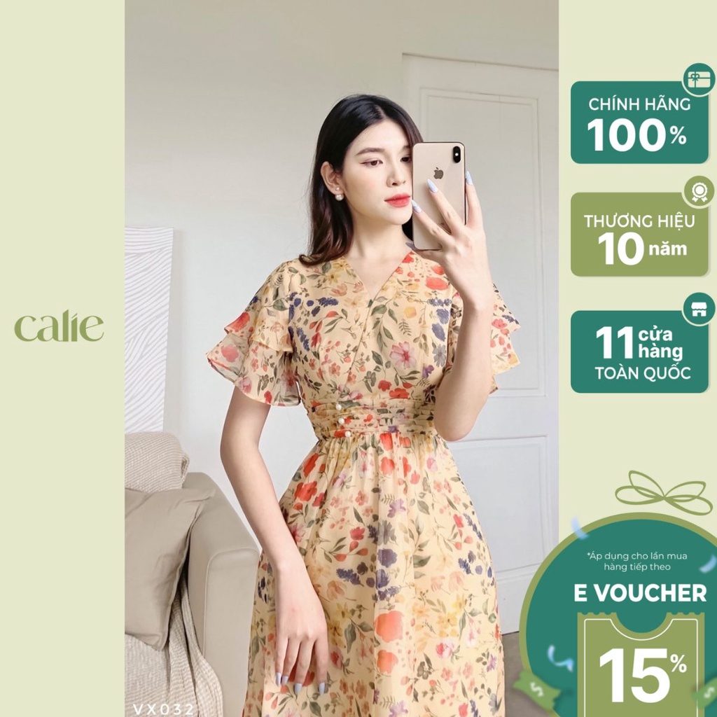 Váy Xòe Hoa Ngắn Tay Phong Cách Tiểu Thư Vải Voan Hoa Cam, Đầm hoa dáng dài Calie VX032