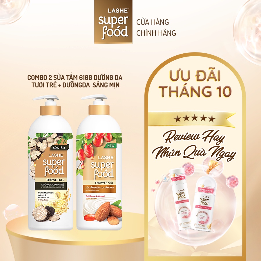 Combo Sữa tắm LASHE SUPERFOOD dưỡng da tươi trẻ 610G + Sữa tắm LASHE SUPERFOOD dưỡng da sáng mịn 610G