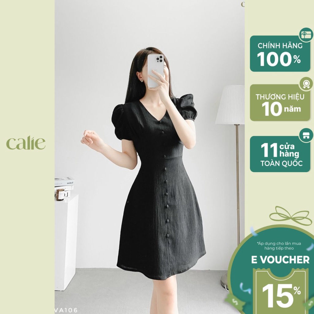 Váy dáng A cổ V tay bồng cúc bọc trẻ trung Calie VA106