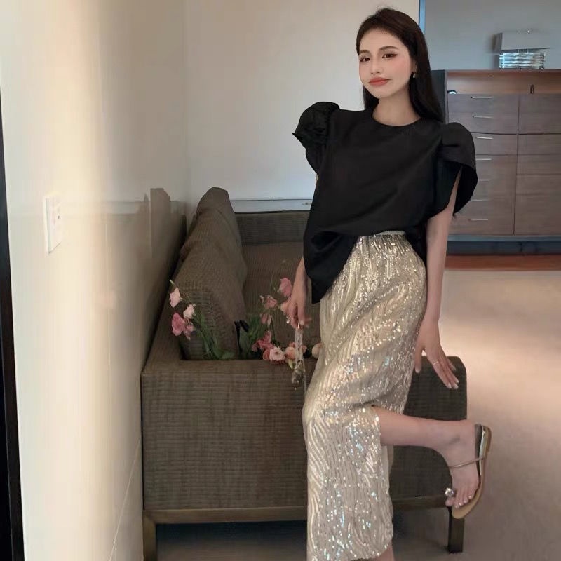 Jiashucheng Áo Sơ Mi Đen Tay Phồng Ngắn + Chân Váy Đính Kim Sa Lấp Lánh Kiểu retro Thời Trang Mùa Hè Cho Nữ