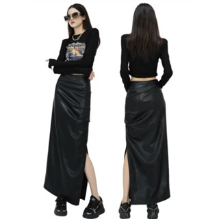 Jiashucheng Chân Váy Da pu Màu Đen Lưng Cao Xẻ Tà Dáng Ôm Dài Tới Mắt Cá Chân Thời Trang Mùa Thu Cho Nữ