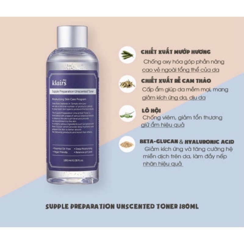 Nước Hoa Hồng Không mùi Làm Mềm Da Klairs Supple Preparation Unscented Toner 180ml
