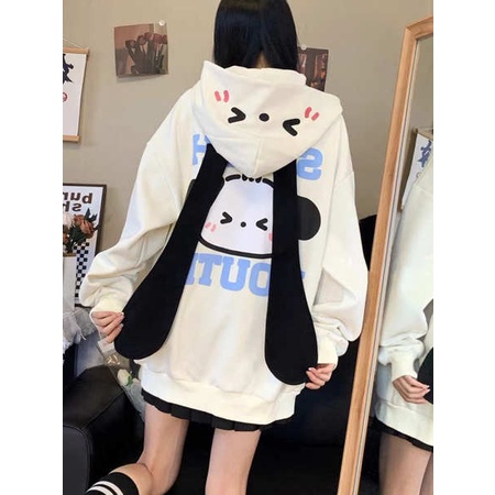 Áo Khoác cardigan Có Nón Tai Dài oversize In Họa Tiết Hoạt Hình Dễ Thương Thời Trang Mùa Thu Cho Nam Và