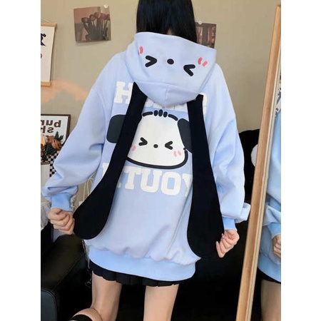 Áo Khoác cardigan Có Nón Tai Dài oversize In Họa Tiết Hoạt Hình Dễ Thương Thời Trang Mùa Thu Cho Nam Và