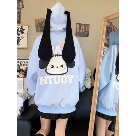 Áo Khoác cardigan Có Nón Tai Dài oversize In Họa Tiết Hoạt Hình Dễ Thương Thời Trang Mùa Thu Cho Nam Và