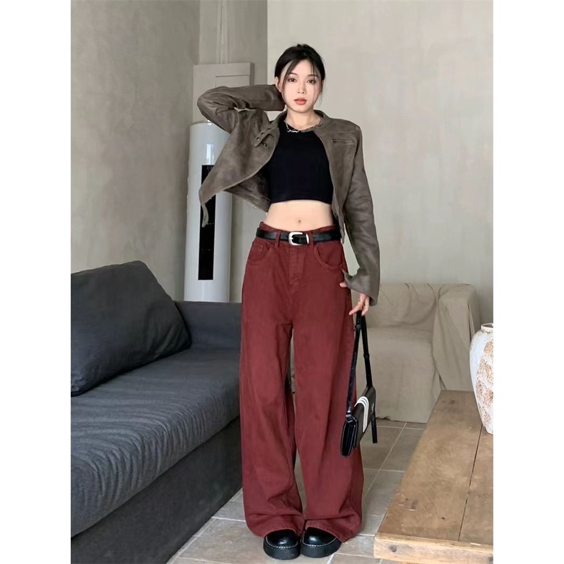 Jiashucheng Quần Jean Ống Rộng Lưng Cao Màu Đỏ Gạch Cổ Điển Mùa Thu Dễ Phối Đồ Cho Nữ @ -
