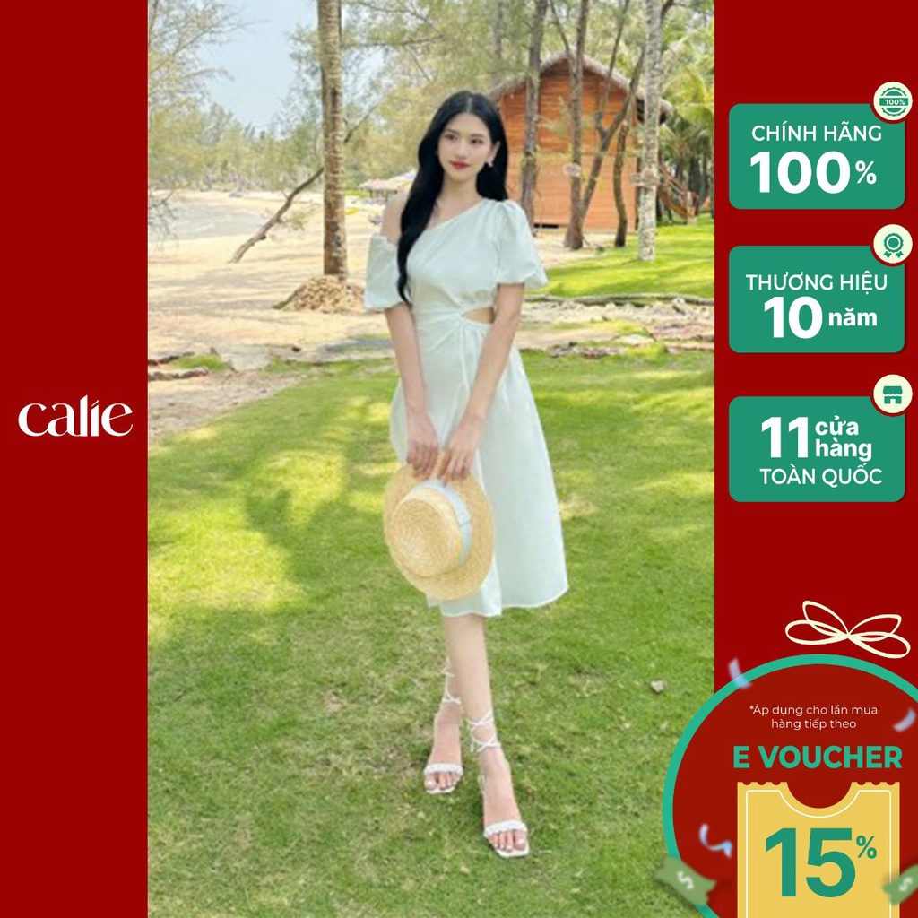 Váy midi cổ chéo tay bồng khoét eo nhún chân váy CALIE VM097
