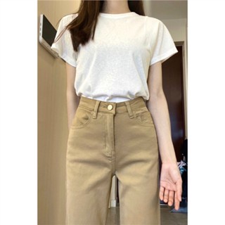 Jiashucheng Quần Jean Kaki Eo Cao Ống Suông Ôm Chân Phong Cách retro Nhật Bản Mới Mùa Thu Cho Nữ