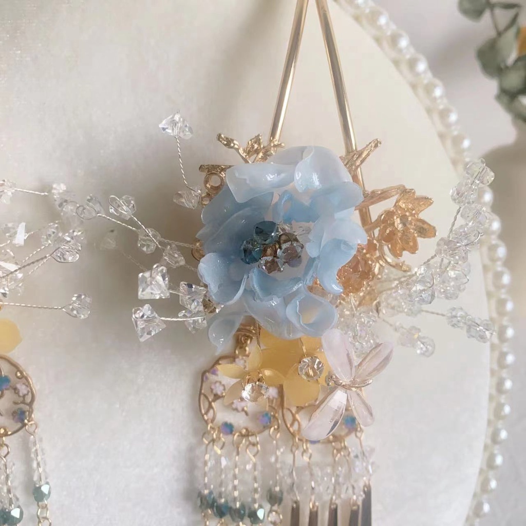 Trâm Cài Tóc Dáng Dài Đính Hoa Mẫu Đơn Tua Rua Phong Cách hanfu Cổ Điển