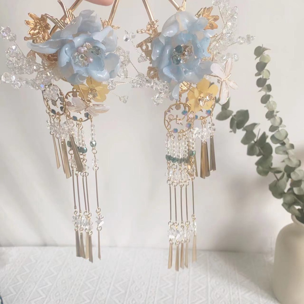 Trâm Cài Tóc Dáng Dài Đính Hoa Mẫu Đơn Tua Rua Phong Cách hanfu Cổ Điển