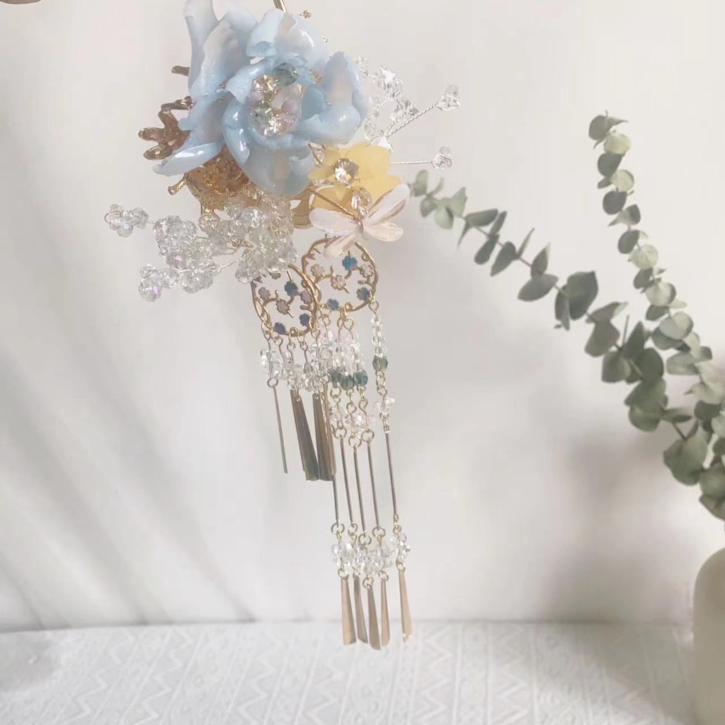 Trâm Cài Tóc Dáng Dài Đính Hoa Mẫu Đơn Tua Rua Phong Cách hanfu Cổ Điển